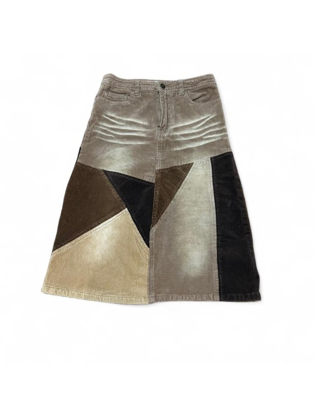 Cream and brown patchwork corduroy midi skirt with zipper closure